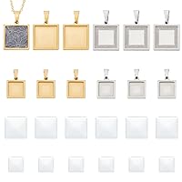 UNICRAFTALE 2 Colors 12 Sets 2 Sizes Stainless Steel DIY Blank Square Pendant Making Kit Blank Dome Bezel Tray Charms with Glass Cabochons Blank Bezel Pendant Making Kit for Jewelry Making 10/15mm