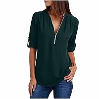 Women's V Neck Chiffon Blouse Zip Front Work Casual Tops Roll-up Short Sleeve Solid Loose Fit Tunic Dress Shirts