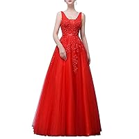 Women's Double V-Neck Tulle Appliques Long Evening Cocktail Gowns