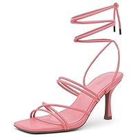 Shoe Land Womens SL-Lumi Lace Up Heels Square Open Toe Strappy Straps Ankle Wrap Stiletto High Heel Sandals