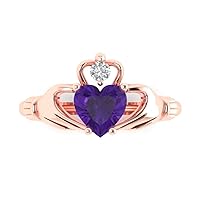 Clara Pucci 1.49ct Heart Cut Irish Celtic Claddagh Solitaire Amethyst Proposal Designer Wedding Anniversary Bridal ring 14k Rose Gold