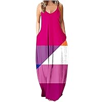 Women Fashion Cow Color Block Baggy Maxi Cami Dress with Pockets Summer Casual Loose Fit Spaghetti Strap Dresses