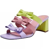 LEHOOR Women Chunky Heels Bow Sandals Slides Strappy Heeled Mules Open Square Toe Backless Dress Shoes 2.5 Inch Block Heel Slippers Multicolor Three Bow-knot Straps Casual Summer Party Beach 4-11 M US