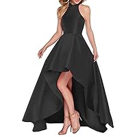 Women's High Neck Long Prom Dress Satin Backless Evening Party Dress Black