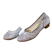 Ethnic Embroidered Slip On Pumps for Women Pointed Toe Autumn Dress Shoes Cotton Fabric Retro Female Loafers Gray 4.5