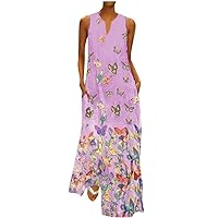 Womens Plus Size Long Maxi Dresses Summer Casual Boho V Neck Sleeveless Loose Maxi Dress with Pockets D-Pink, 16