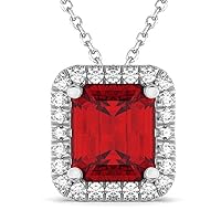 (3.11ct) 14k White Gold Emerald-Cut Ruby and Diamond Accented Halo Pendant Necklace