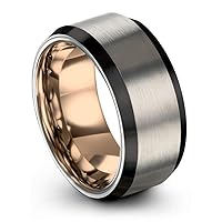 Tungsten Wedding Band Ring 10mm for Men Women Bevel Edge Grey Black 18K Rose Gold Brushed Polished