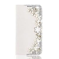 Crystal Wallet Phone Case Compatible with iPhone 11 Pro Max - Flowers - White - 3D Handmade Sparkly Glitter Bling Leather Cover with Screen Protector & Neck Strip Lanyard