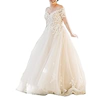 Women's Short Sleeves Lace up Corset Bridal Ball Gowns with Train Elegant Wedding Dresses for Bride