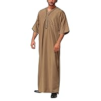 Mens Casual Kaftan Muslim Robes Summer Vintage Short Sleeve Loose Muslim Arab Dubai Thobes for Men Loungewear