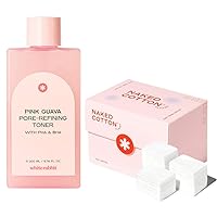 White Rabbit Pink Guava Pore-Refining Toner with PHA & BHA + Premium Naked Cotton Cotton Pads Classic (100 pcs)
