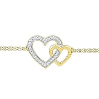 The Diamond Deal 10kt Yellow Gold Womens Round Diamond Double Heart Bracelet 1/10 Cttw