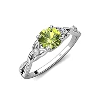 Round Peridot set in Tiger Claw Four Prong & Side Round Natural Diamond of 1.26 ctw Women Celtic Love Knot Entwined Engagement Ring in 14K Gold