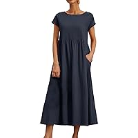 Solid Sleeveless Loose Cotton and Pocket Crew Neck Dress Beach Outfit for Women(BU1,Small)