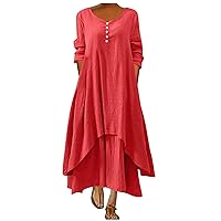 Cotton Linen Summer Dresses for Women 2023 Tredny Maxi Dress, Womens 3/4 Sleeve Dresses Button Flowy Swing Sundress