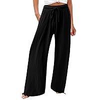 Linen Pants for Women Summer High Waisted Wide Leg Pants Casual Elastic Waist Palazzo Pants Beach Pants with Pockets