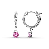 Round Pink Sapphire and Diamond 3/4 ctw Women Dangle Huggie Hoop Earrings 14K Gold