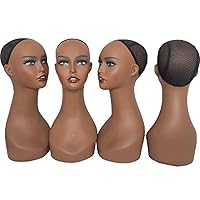 4PCS Wholesale Realistic Female Mannequin Head Long Neck Manikin PVC Head Bust Wig Model Head Stand with Makeup Wigs,Hats,Sunglasses,Necklace,Jewelry (Dark), Brown (voloriamannequin4pieces)