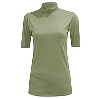 Womens Short Sleeve Turtle Polo Neck T-Shirt Stretchy Plain Casual Basic Tops Khaki