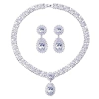 Jorsnovs Luxury Cubic Zirconia Wedding Jewelry Set for Women CZ Water Drop Bridal Necklace and Drop Earring Set for Bridesmaid
