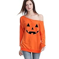 Womens Sexy Off the Shoulder Halloween Pumpkin Sweatshirts Pullover Costumes Plus Size