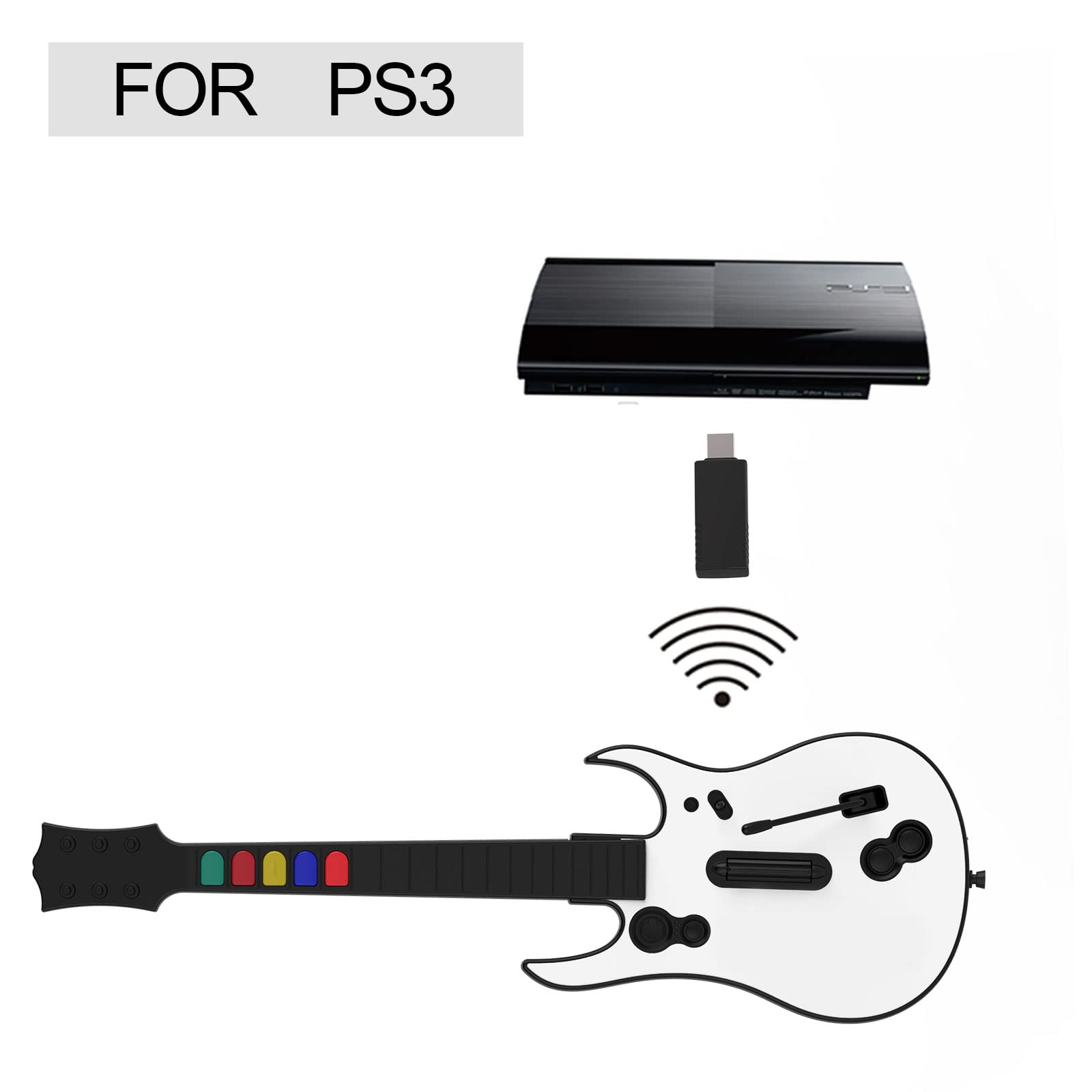 NBCP Guitar Hero Guitar, Wireless PC Guitar Hero Controller for PlayStation 3 PS3 with Dongle for Clone Hero, Rock Band Guitar Hero Games White