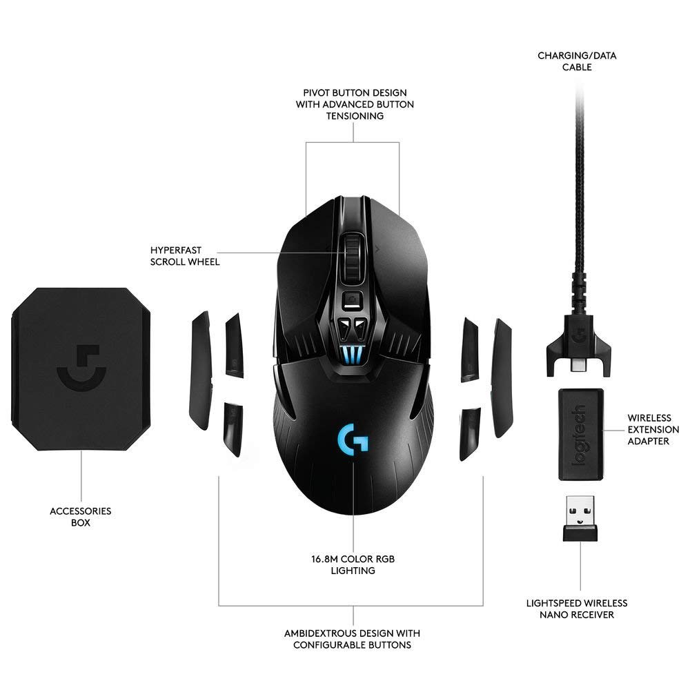 Logitech G903 LIGHTSPEED Wireless Gaming Mouse, 12,000 DPI, RGB, Lightweight, 7 to 11 Programmable Buttons, Long Battery Life, Compatible with PC / Mac - Black (Renewed)