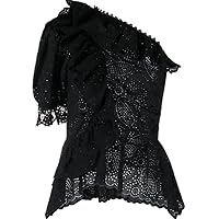 Ulla Johnson Solid Black Julianna Lace One-Shoulder Puffed Sleeve Peplum Blouse
