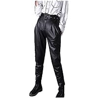 Women Trousers Winter Genuine Leather High Waist Casual Slim Carrot Pants with Pockets Belt