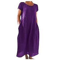 Cotton Linen Dresses for Women,2024 Spring Summer Casual Short Sleeve Solid Maxi Dress with Pockets