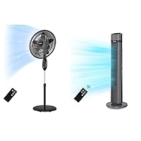 PELONIS PFS45A5BBB 18 inch 5-Blade Oscillating, Adjustable Standing Pedestal Remote, LED Display, 5 Speed Setting and 7-Hour Timer Fan, Black & 40''Oscillating Tower Fan | Remote Control