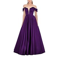 Ball Gown for Women Satin Dress Purple Prom Dresses Long Off Shoulder V-Neck A-Line