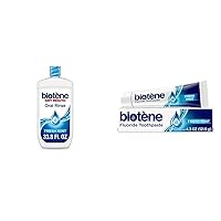 biotène Oral Rinse Mouthwash - 33.8 fl oz & Fluoride Toothpaste for Dry Mouth Symptoms, Bad Breath Treatment and Cavity Prevention, Fresh Mint, 4.3 Ounce (Pack of 1) - Packaging May Vary