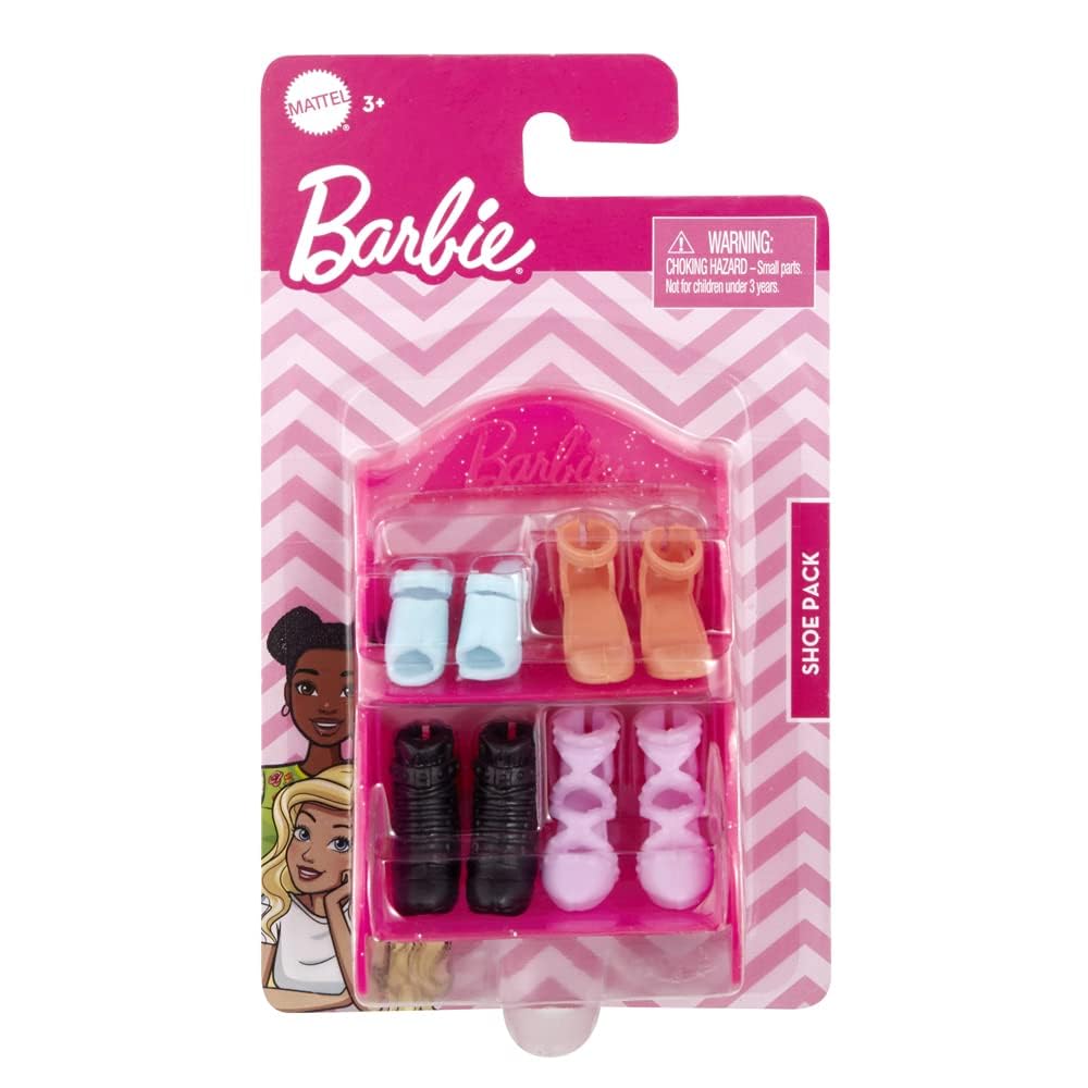 Barbie Doll Shoe Pack - GVY23 ~ Includes 4 Pairs of Doll Shoes with Shoerack - Blue, Orange and Purple Heels with Black Boots