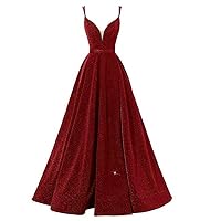 Women's V Neck Evening Dresses Long with Pockets A Line Glittery Prom Gown Spaghetti Slit Party Dress