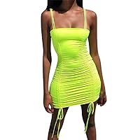 Women's Sexy Bodycon Dress Drawstring Backless Solid Color Ruched Spaghetti Strap Mini Dress