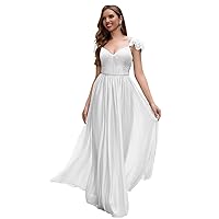 Cap Sleeve Bridesmaid Dresses for Women Long V Neck Ruffled Split Glittery Long Formal Evening Dress with Pocket