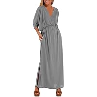 Women's Summer Maxi Dress Short Sleeve Deep V Neck Dress Sexy Ruched Waist Casual Loose Slit Side Long Beach Vacation Dresses
