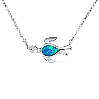 Nautical Tropical Plumeria Flower Beach Vacation Gemstone Created Blue Opal Inlay Green Star fish Sea Turtle Pendant Necklace For Women Teen .925 Sterling Silver October Birthstone
