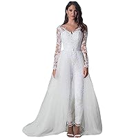 Jumpsuit Wedding Dresses with Deatachable Train Long Sleeves Lace Appliqued Bridal Gowns