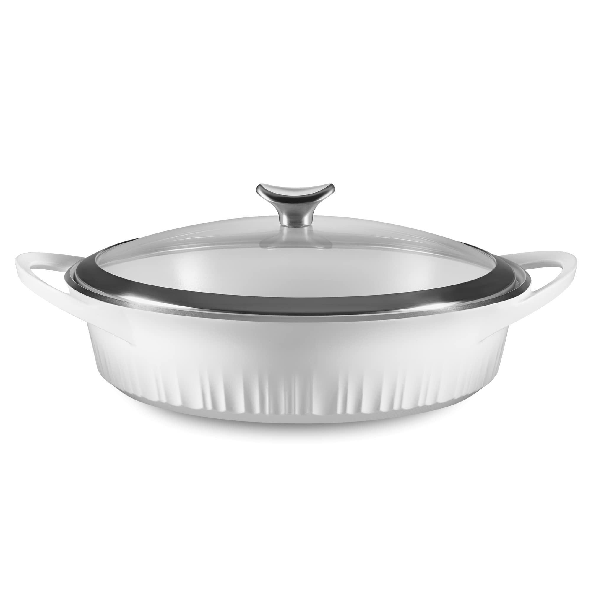 CorningWare QuickHeat 4-QT Cast Aluminum Braiser With Lid, Nonstick Ceramic Interior, Lightweight and Fast Even Heat Baking & Cooking, For Meats, Soup, Browning, Searing, French White