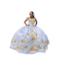 Mollybridal Yellow Sunflower Embroidered Mexican Charro Ball Gown White Quinceanera Dresses Puffy for Women Formal Evening Party Corset Off Shoulder Damas Y2k Adult with Train Bows 20W