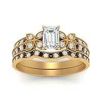 Choose Your Gemstone Emerald Shape 18k Yellow Gold Plated Ring Matching Wedding Jewelry Easy to Wear Gift for Womens Milgrain Petal Diamond CZ Wedding Ring Set : US Size 4 to 12