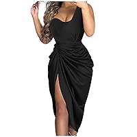 Trending Open Front Tanks Dress for Women Outdoor New Years Stretch Thin Solid Color Slit Comfortable