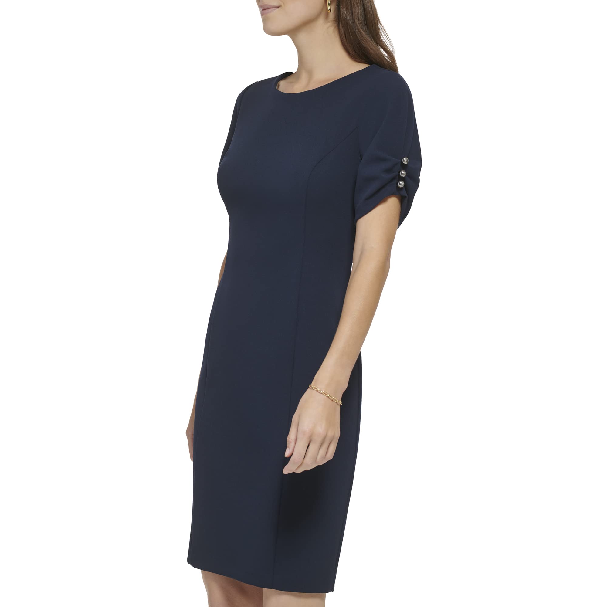 DKNY Women's Rouched Sleeve Pearl Button Dress