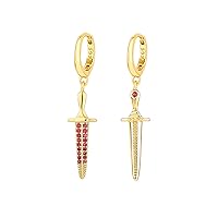 TOPGRILLZ Sword Dangle Earrings 5A+ Cubic Zirconia Hypoallergenic 14K Gold Vintage Small Hoop Dagger Cross Dangle Drop Earrings For Men Women