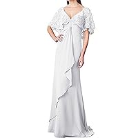 Women's Long Prom Dress Short Sleeve V Neck Chiffon Evening Gown