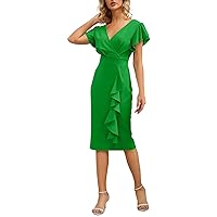 Women's Sexy V Neck Ruffle Sleeve Faux Wrap Ruched Bodycon Party Cocktail Dress Knee Length