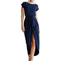 Women Casual Dresses Tunic Short Sleeve High Slit Solid Summer Maxi Dress with Belt